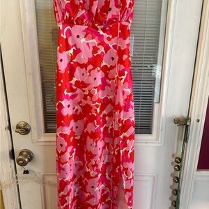Princess Polly Pink Red Dress Floral crisscross tie back straps side slit